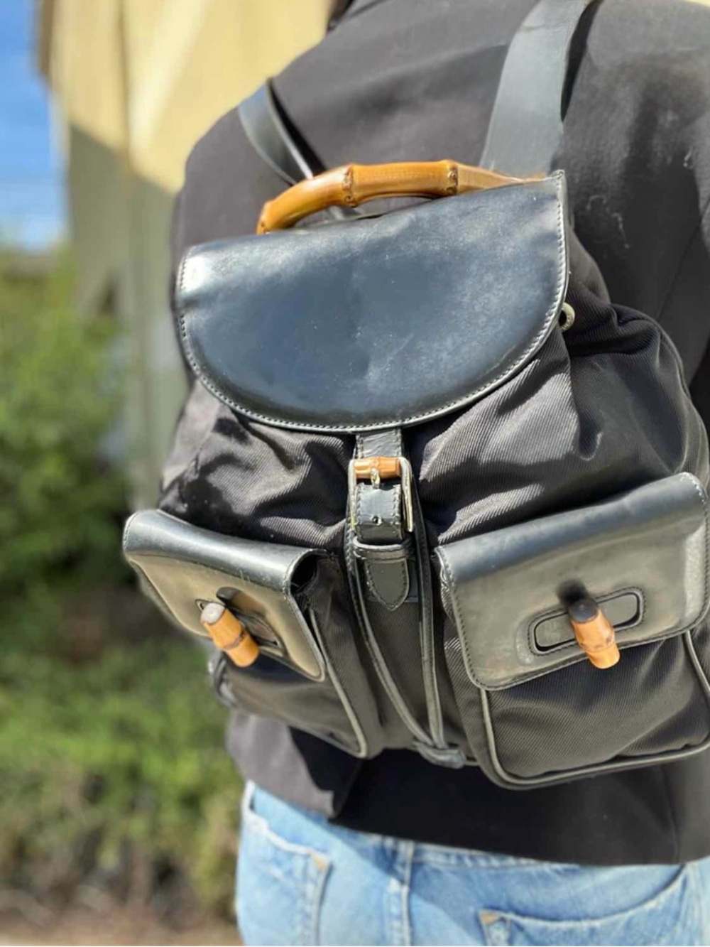 Killer Gucci Classic Black Nylon Backpack with Bamboo Accents